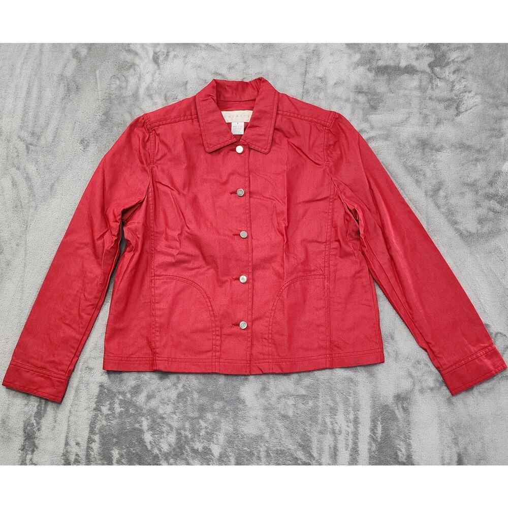 Doncaster Lightweight Button Front Jacket Size 8 Red Silver Coated Cotton Casual